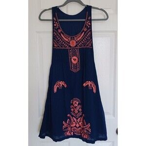 Womens Sleeveless Embroidered Round Neck Blue Top‎ Size M